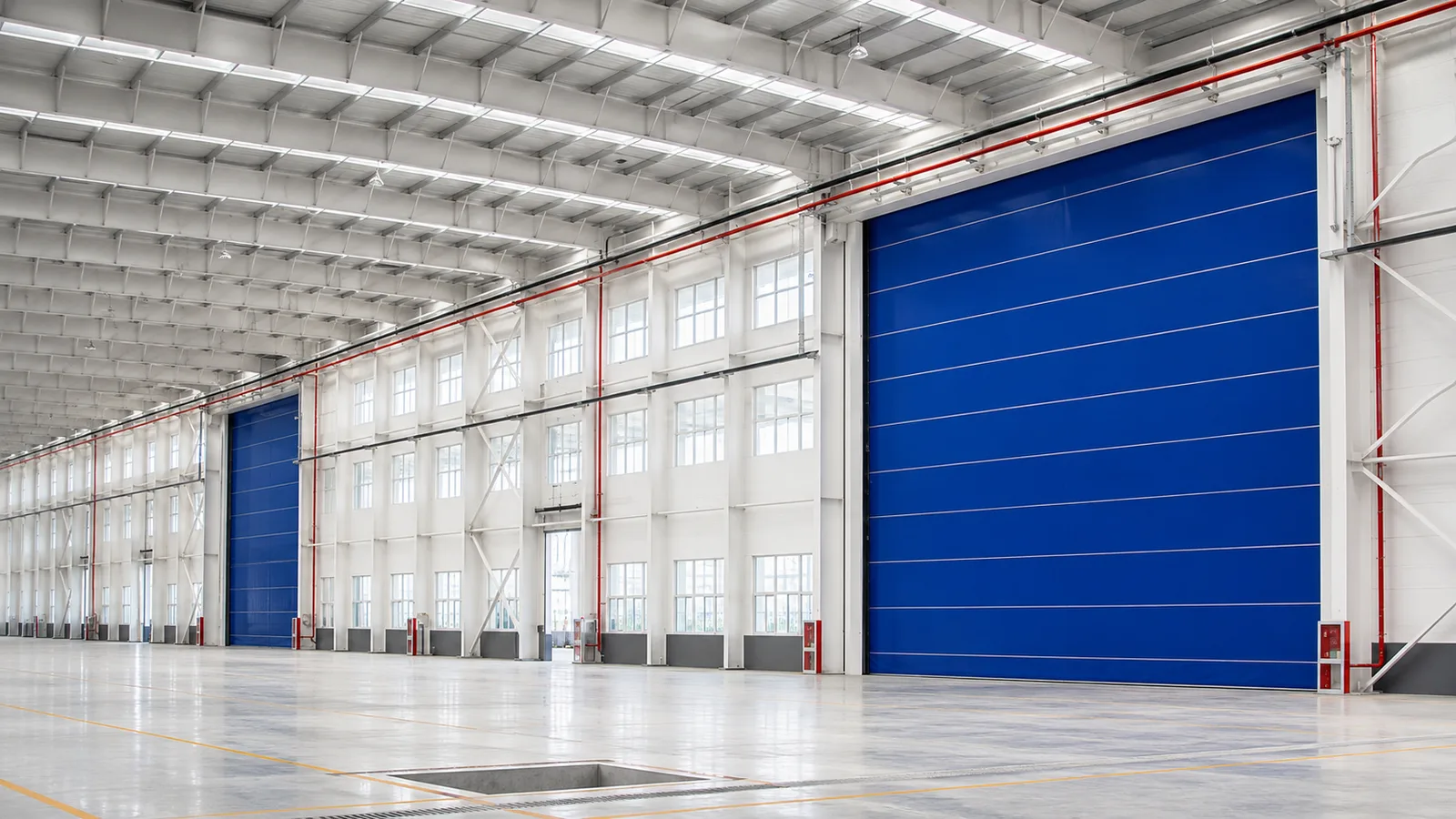 High speed industrial door in a warehouse or logistics setting.